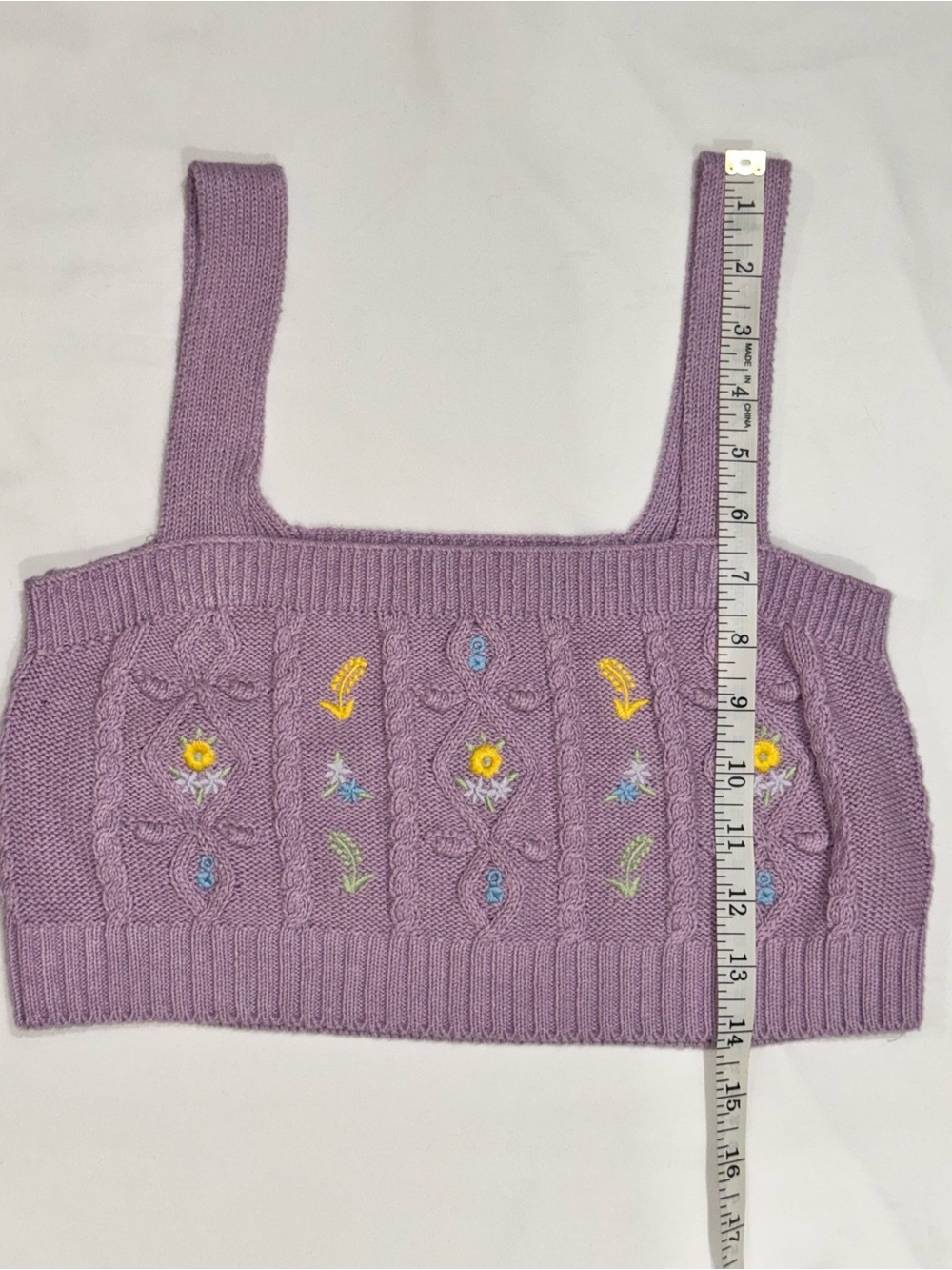 ZARA Lilac Cable Knit Cropped Sweater Tank Embroidered Flowers Boho Cottagecore - Picture 5 of 7